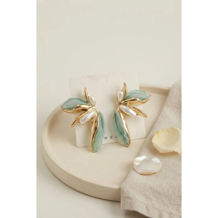 BUĞZ Buz Mavisi Renk Lotus Yaprak Model Kadın Küpe