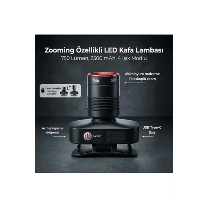 BUĞZ Bxt1fl 10w Şarj Edilebilir Kafa Feneri 750 Lümen 2500mah 4 Işık Modlu Zoom Özellikli Led Kafa