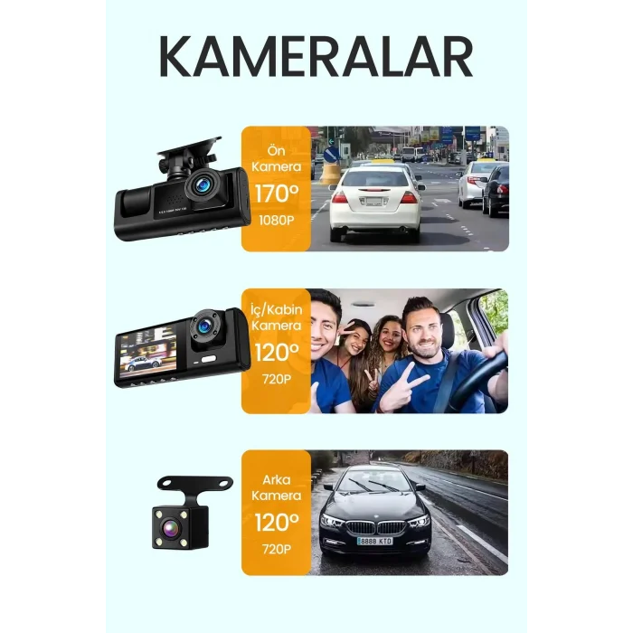 BUĞZ C309 Tipi 3 Kameralı LCD Ekran Araç Kamerası Hareket Sensörlü Gece Görüşlü G Sensörlü