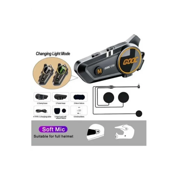 BUĞZ C50 Motosiklet Intercom Kask Kulaklık 1000 Mah Rgb Işıklı Bluetooth Kulaklık Ip67