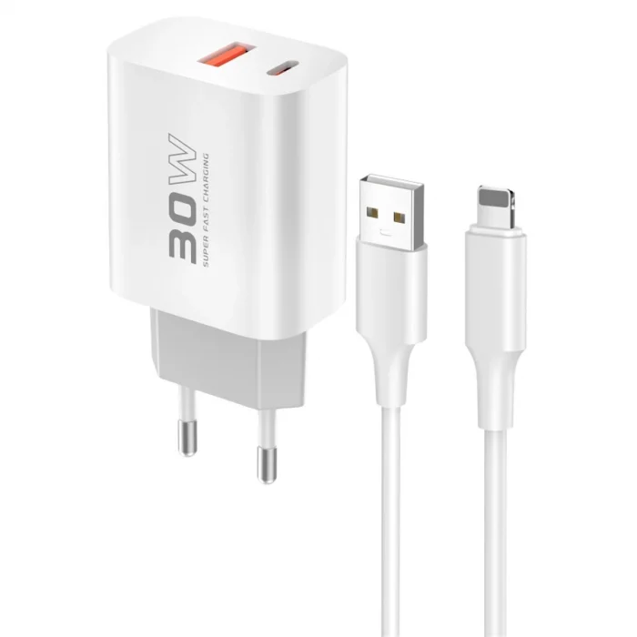 BUĞZ C89Q 1 Adet 30w Type-c Ve 1 Adet 22.5w Usb Çıkışlı Ekstra Dl48 1m Usb To Lightning Kablolu Pd Şarj Cihazı - Beyaz