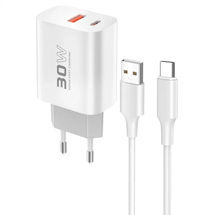 BUĞZ C89Q 1 Adet 30w Type-c Ve 1 Adet 22.5w Usb Çıkışlı Ekstra Dl49 1m Usb To Type-c Kablolu Pd Şarj Cihazı - Beyaz