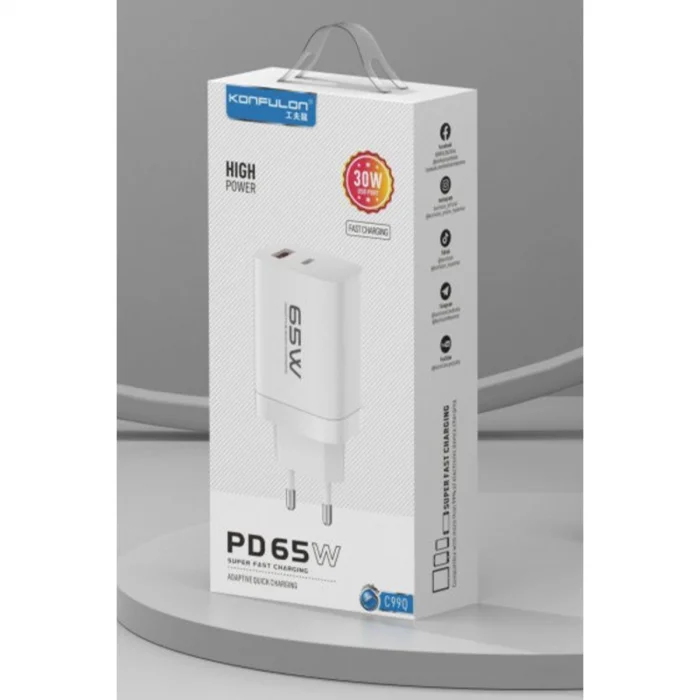 BUĞZ C99Q 65w Pd Destekli Type-c Ve Usb Çift Çıkışlı Hızlı Şarj Adaptörü - Beyaz