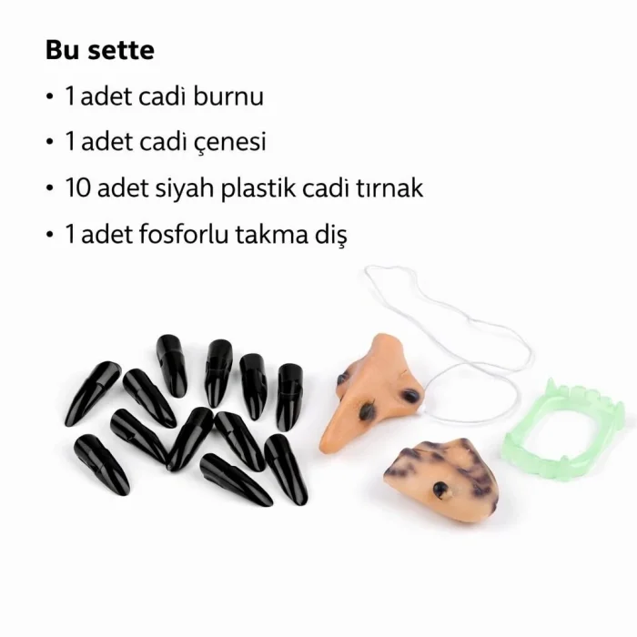 BUĞZ Cadı Aksesuar Seti – Burun, Çene, Fosforlu Diş ve 10 Adet Siyah Tırnak