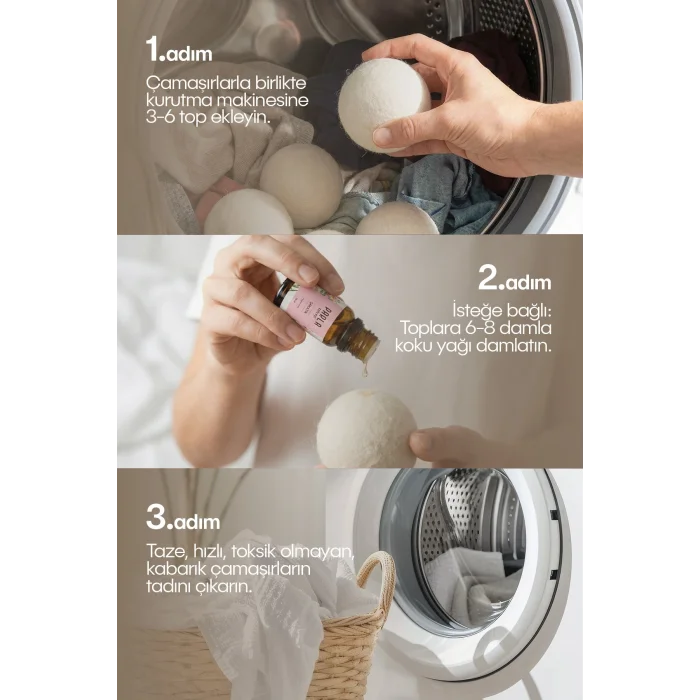 BUĞZ Çamaşır Yün Kurutma Topu ve Koku Seti - Kurutma Makinesi İçin - 3 Adet Top