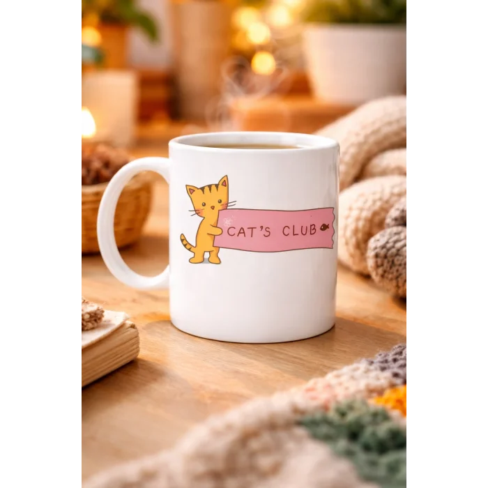 BUĞZ Cat’s Club Kedi Desenli Porselen Kupa MODEL 68 – Sevimli Turuncu Kedi Figürlü, Kahve & Çay Kupası, Kedi Severlere Özel Hediye