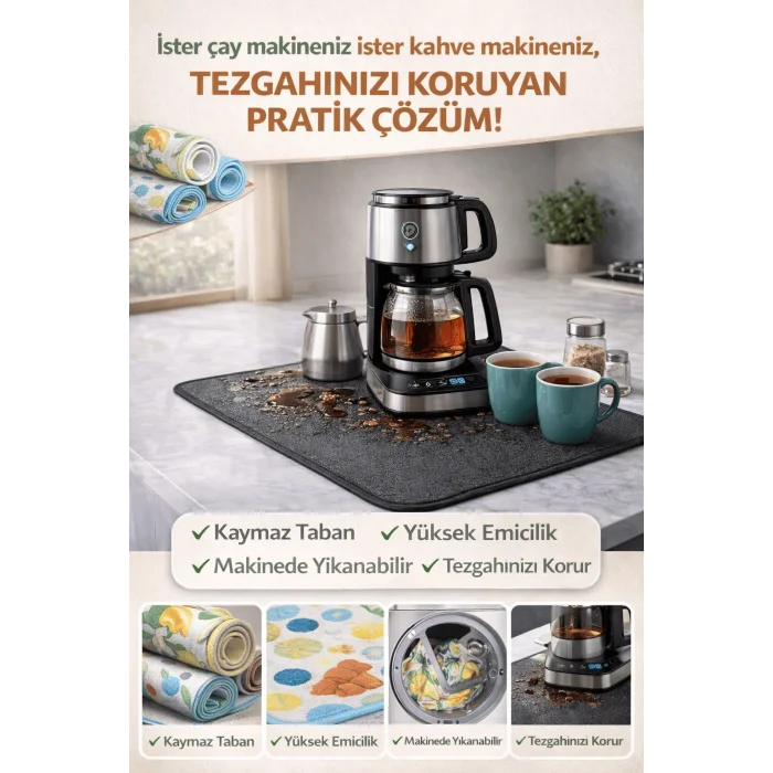 BUĞZ Çay Matı Çay Makinesi % 100 Mikrofiber Altlığı Su Emici Tezgah Koruyucu Kurulama Matı