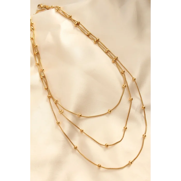 BUĞZ Çelik Altın Renkli Topçuk Tasarımlı Çoklu Kolye