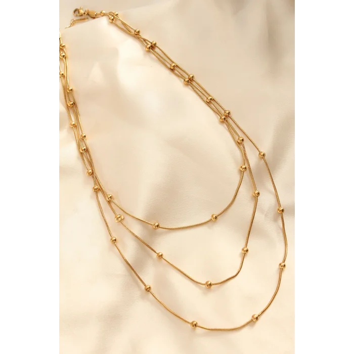 BUĞZ Çelik Altın Renkli Topçuk Tasarımlı Çoklu Kolye - Lisinya