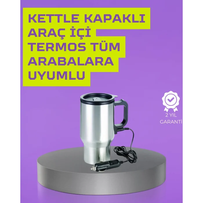  Çelik Gövdeli Araç İçi Isıtıcı Termos Bardak 450 ml Kapasiteli