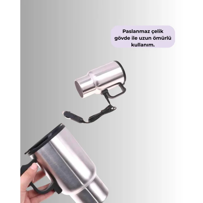  Çelik Gövdeli Araç İçi Isıtıcı Termos Bardak 450 ml Kapasiteli