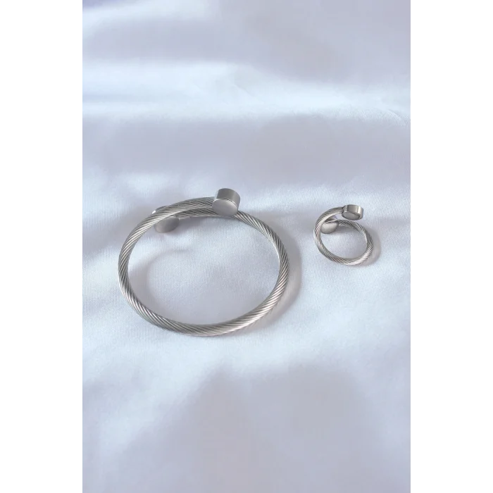 BUĞZ Çelik Gümüş Renk Sıkı Burgu Model Erkek Bileklik Yüzük Seti - Lisinya