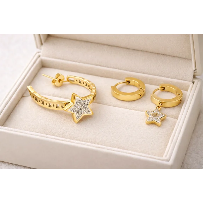 BUĞZ Çelik Halka Küpe Seti 3’lü KÜPE MODEL 6 – Yıldız Detaylı & Sade Mini Halka, Kararma Yapmaz, Asimetrik Şık Tasarım