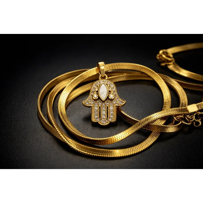 BUĞZ Çelik Hamsa Fatma Eli Kolye MODEL 9 – Taşlı Altın Renk İtalyan Zincir Kadın Kolye