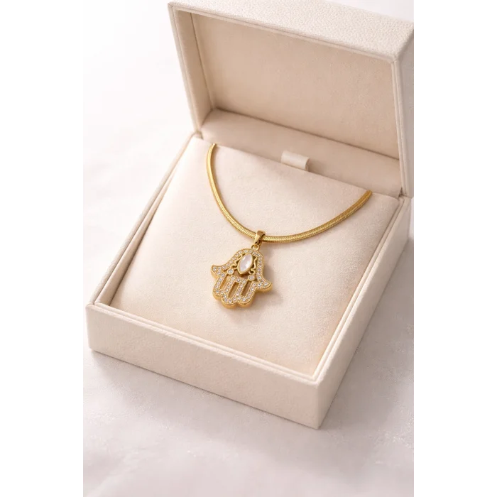 BUĞZ Çelik Hamsa Fatma Eli Kolye MODEL 9 – Taşlı Altın Renk İtalyan Zincir Kadın Kolye