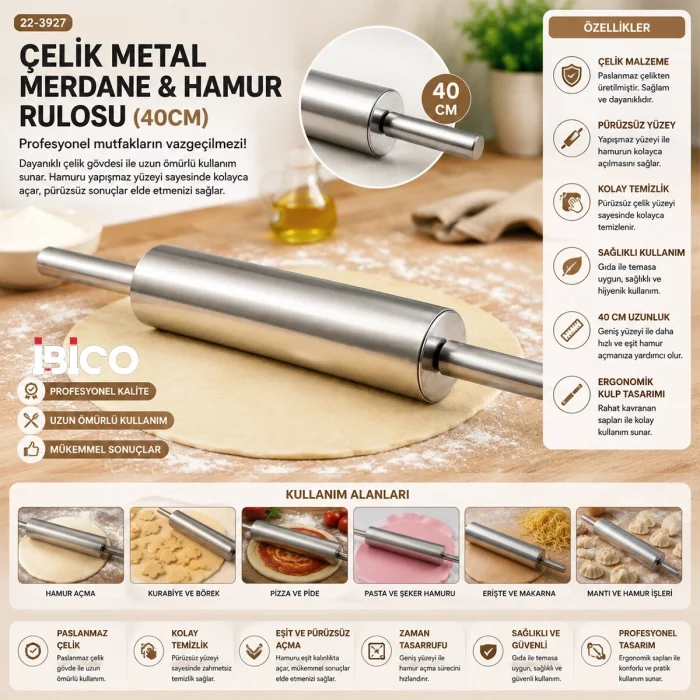 BUĞZ Çelik Metal Merdane - Hamur Rulosu 40cm Bx40