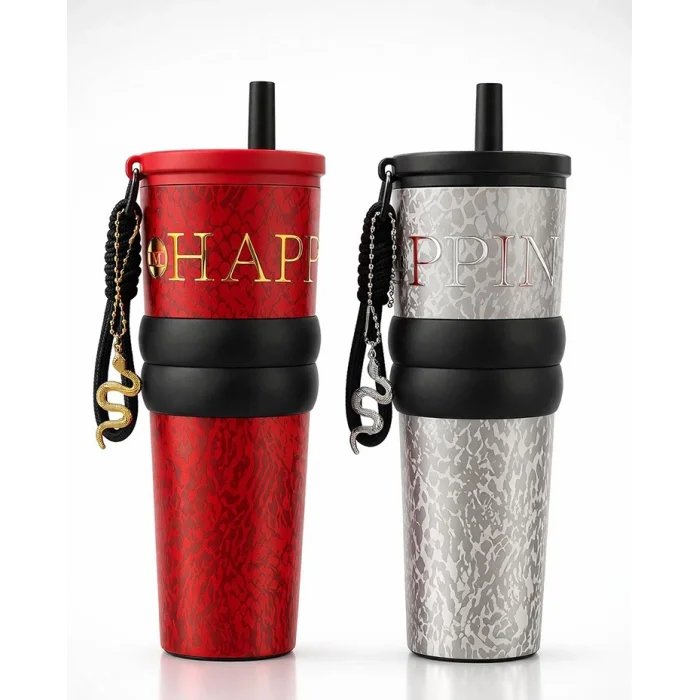 BUĞZ Charm Detaylı Pipetli Çift Katmanlı Vakumlu Termos Bardak