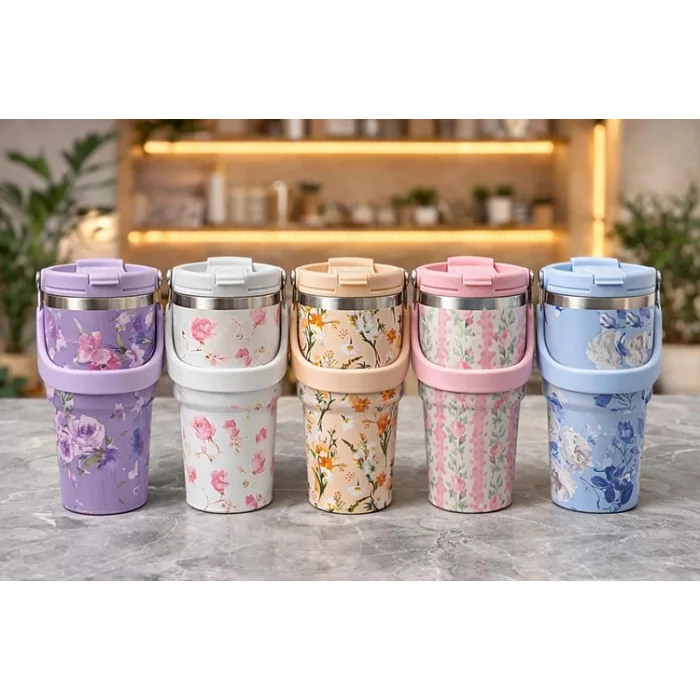 BUĞZ Çiçek Desenli 700 ml Taşıma Kulplu Paslanmaz Çelik Termos Mug Bardak