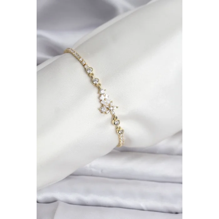 BUĞZ Çiçekli Model Zirkon Taşlı Gold Renk Su Yolu Kadın Bileklik