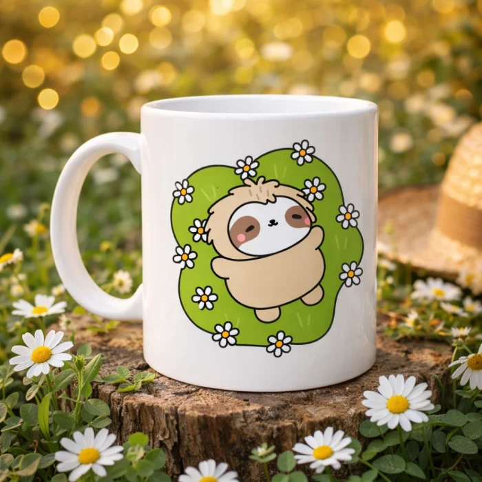 BUĞZ Çiçekli Tembel Hayvan Desenli Porselen Kupa MODEL 110 – Sevimli Sloth Tasarımlı Kahve Kupası , Huzur Veren Hediye