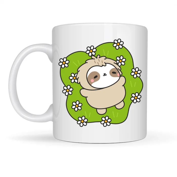 BUĞZ Çiçekli Tembel Hayvan Desenli Porselen Kupa MODEL 110 – Sevimli Sloth Tasarımlı Kahve Kupası , Huzur Veren Hediye