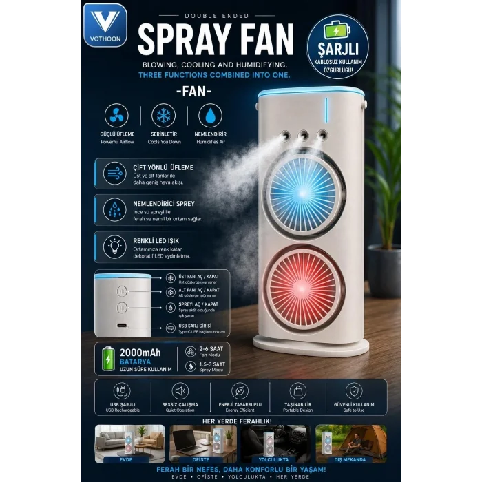BUĞZ Çift Başlıklı Sprey Fan Nemlendirici Ve Renkli Led Işıklı Beyaz