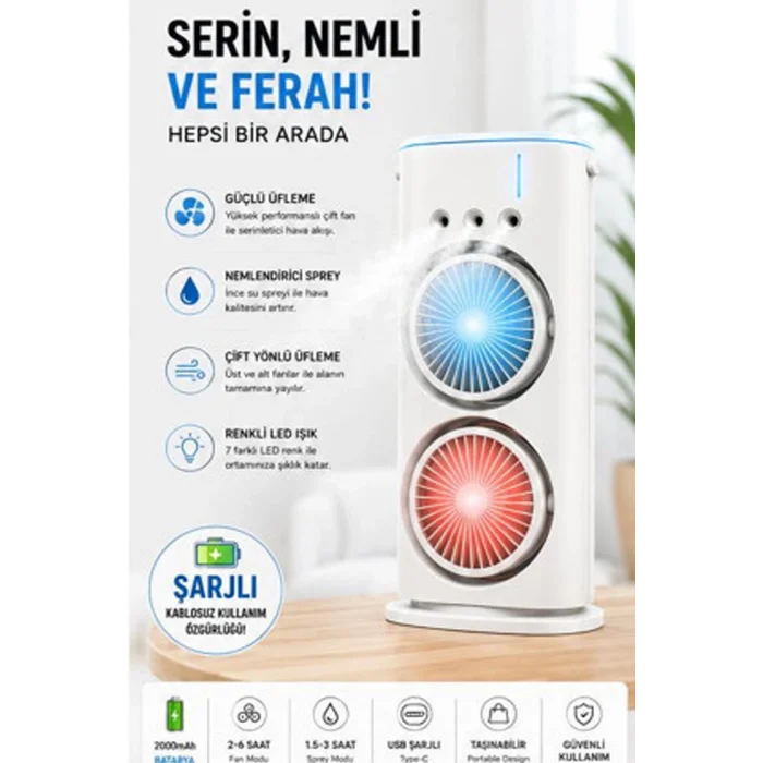 BUĞZ Çift Başlıklı Sprey Fan Nemlendirici Ve Renkli Led Işıklı Beyaz