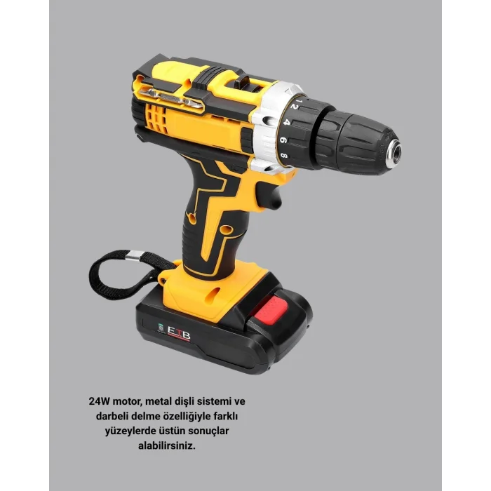 BUĞZ Çift Bataryalı Darbeli Şarjlı Matkap Seti – Metal Dişli, 24 Parça Aksesuar ve LED Işıklı