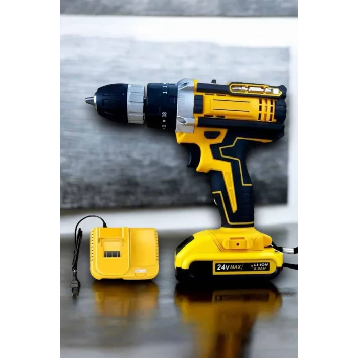 BUĞZ Çift Bataryalı Metal Dişli Darbeli Şarjlı Matkap Seti 24W Güç ve 24 Parça Aksesuar