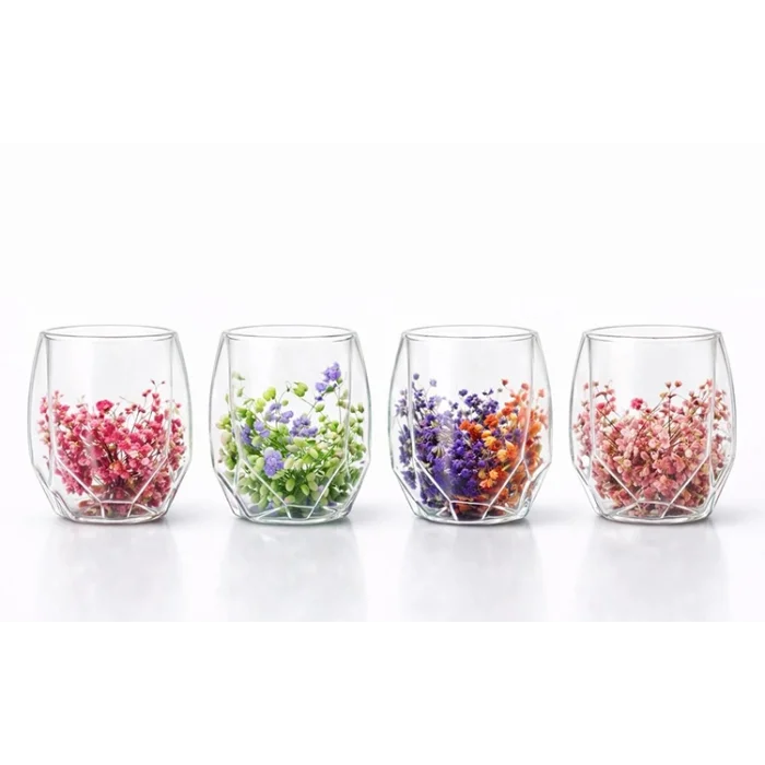 BUĞZ Çift Camlı Çiçekli Köşeli Bardak