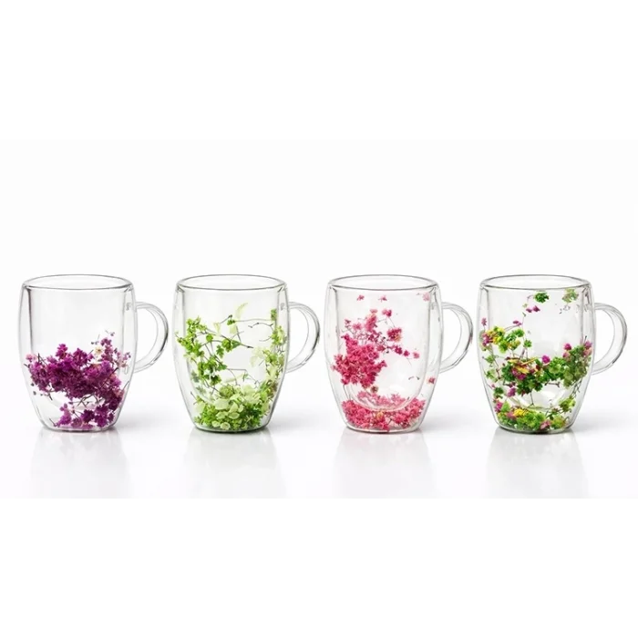 BUĞZ Çift Camlı Çiçekli Kupa Bardak Alk4468