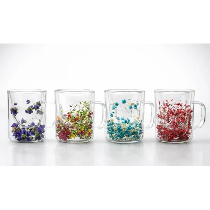 BUĞZ Çift Camlı Çiçekli Kupa Bardak Alk4469