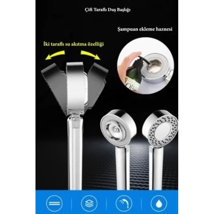  Çift Taraflı Yüksek Basınçlı Su Akıtan Şampuan Hazneli Tasarruflu Duş Başlığı
