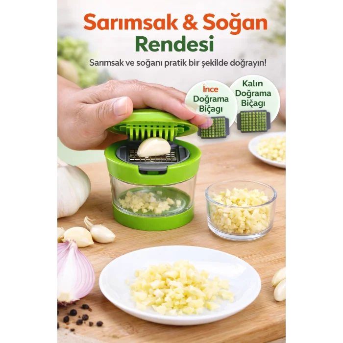 BUĞZ Çıkarılabilir Hazneli Kapaklı Pratik Sarımsak ve Soğan Doğrayıcı – 2 Bıçak Seçenekli Profesyonel