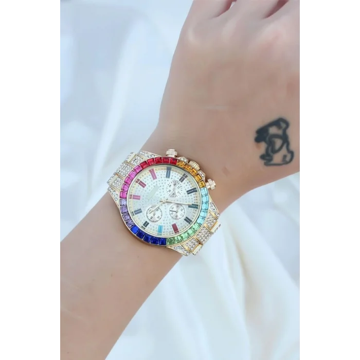 BUĞZ Clariss Trend Gold Metal Kordonlu Zirkon Taş Kaplama Renkli Taşlı Kasa Tasarımlı Lüx Kadın Kol Saati ( BUĞZ )