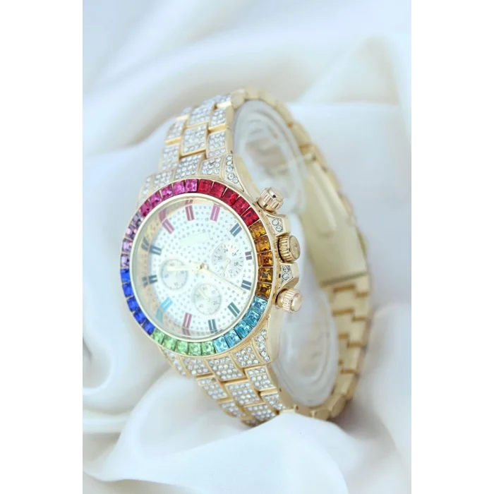 BUĞZ Clariss Trend Gold Metal Kordonlu Zirkon Taş Kaplama Renkli Taşlı Kasa Tasarımlı Lüx Kadın Kol Saati ( BUĞZ )