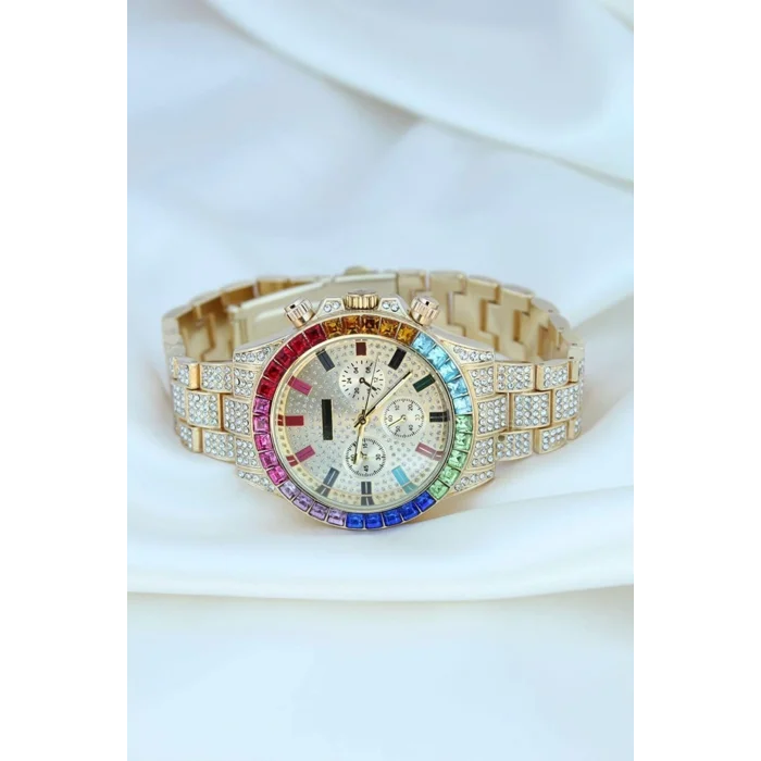 BUĞZ Clariss Trend Gold Metal Kordonlu Zirkon Taş Kaplama Renkli Taşlı Kasa Tasarımlı Lüx Kadın Kol Saati ( BUĞZ )