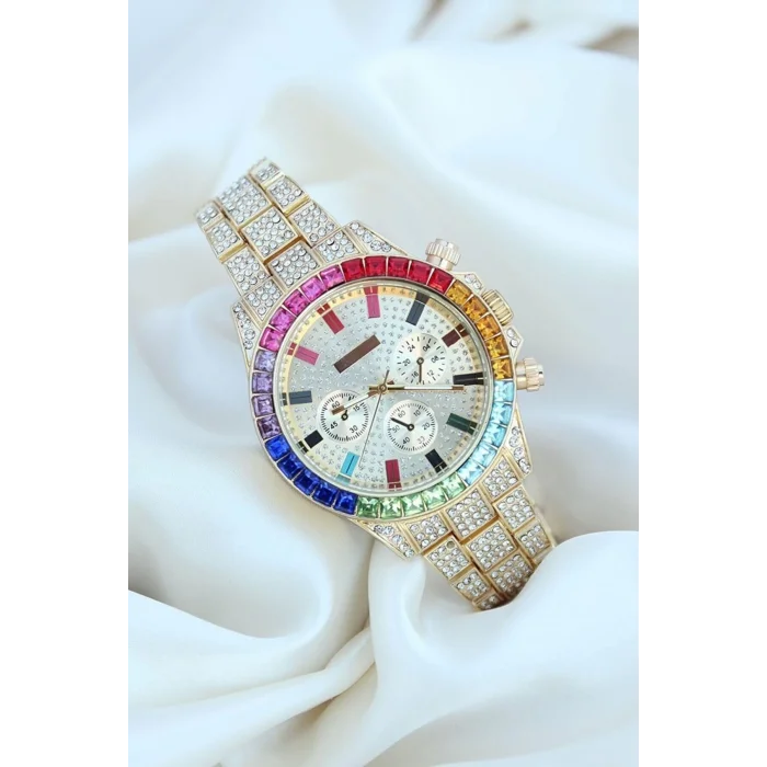  Clariss Trend Gold Metal Kordonlu Zirkon Taş Kaplama Renkli Taşlı Kasa Tasarımlı Lüx Kadın Kol Saati