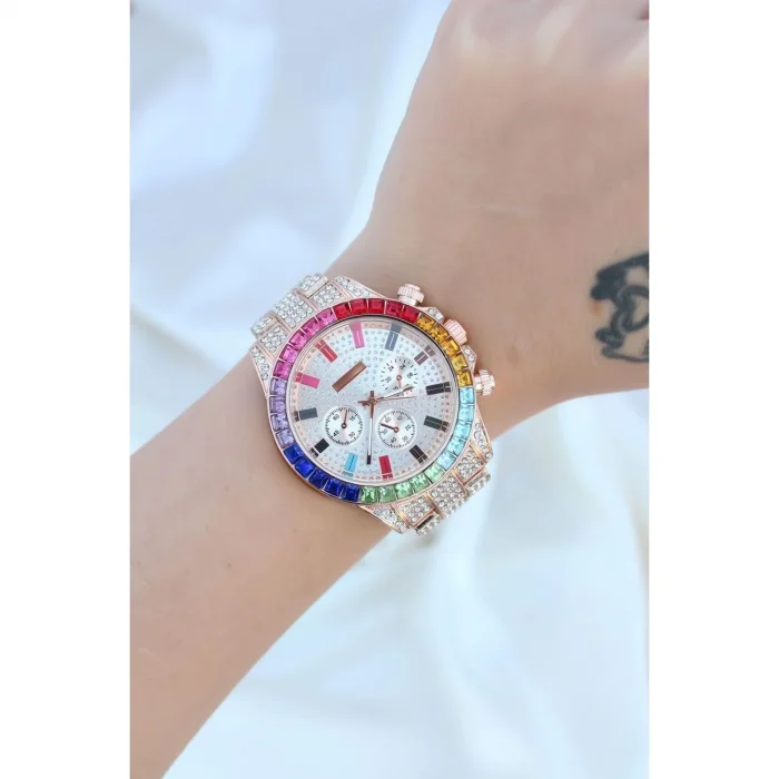 BUĞZ Clariss Trend Rose Metal Kordonlu Zirkon Taş Kaplama Renkli Taşlı Kasa Tasarımlı Lüx Kadın Kol Saati