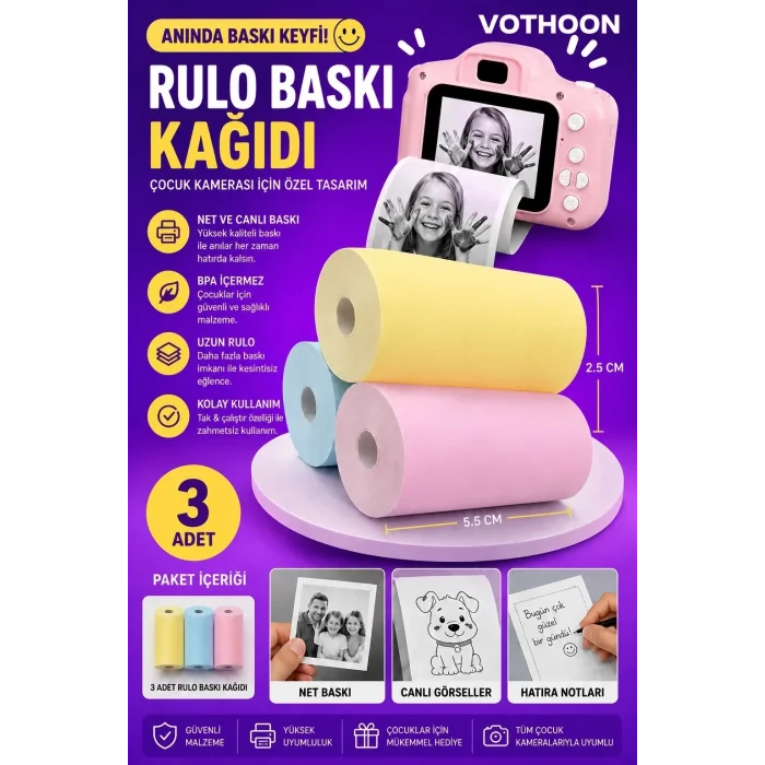 BUĞZ Çocuk Fotoğraf Makinesi Yedek Termal Baskı Kağıdı Renkli (3 Lü Rulo) – 57x25mm