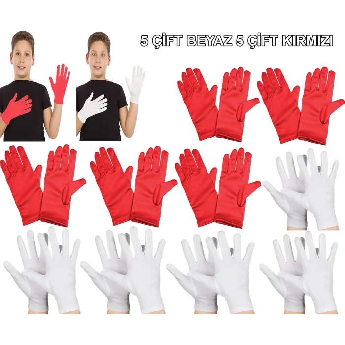 BUĞZ Çocuk Gösteri Eldiven Seti – 5 Çift Beyaz & 5 Çift Kırmızı