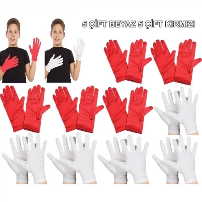 BUĞZ Çocuk Gösteri Eldiven Seti – 5 Çift Beyaz & 5 Çift Kırmızı