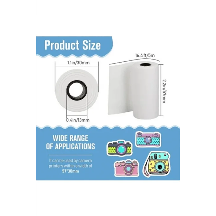 BUĞZ Çocuk Kamera Baskı Kağıdı, 5’li Rulo 57x25mm Çekirdekli Fotoğraf Baskı Termal Kağıt Rulo
