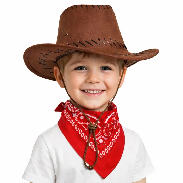 BUĞZ Çocuk Kovboy Şapka Kahverengi & Kırmızı Bandana Fular Seti