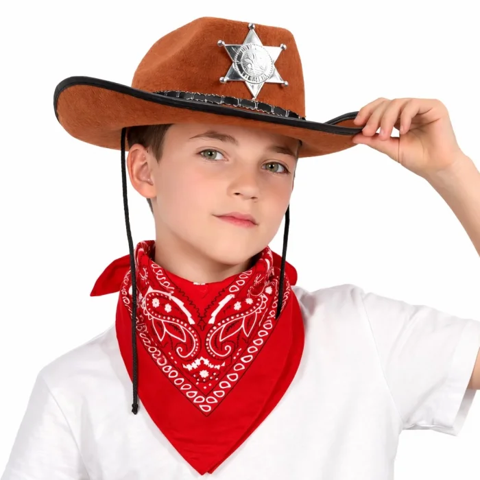 BUĞZ Çocuk Kovboy Şapka Rozetli Kahverengi ve Kırmızı Bandana Seti