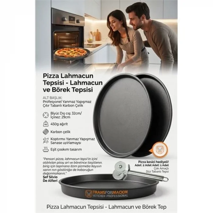 BUĞZ Çok Amaçlı Düz Pizza Tepsisi 32 cm - Yanmaz Yapışmaz Karbon Çelik Kek, Börek ve Sunum Tepsisi  723293