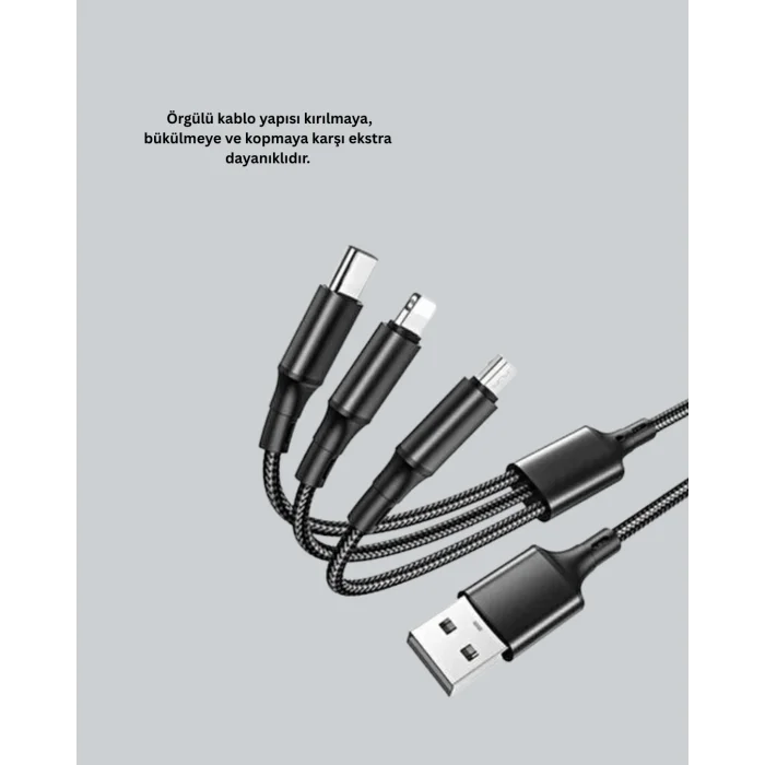 BUĞZ Çoklu USB Şarj Kablosu – 1,2m Hızlı Şarj, 3A Güçlü Akım - Lisinya