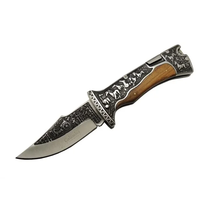  Columbia A3189C Kahve Kamp Çakısı 23cm- Manuel, At İşlemeli Ahşap Sap, Özel Kutulu, Kılıflı