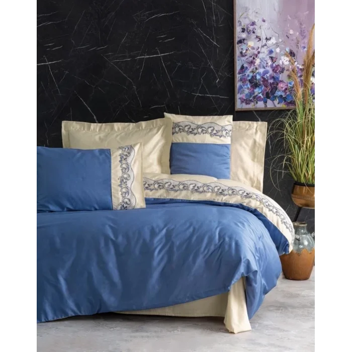 BUĞZ Cotton Box Brode Nakışlı Çift Kişilik Saten Nevresim Takımı Amaya Bej