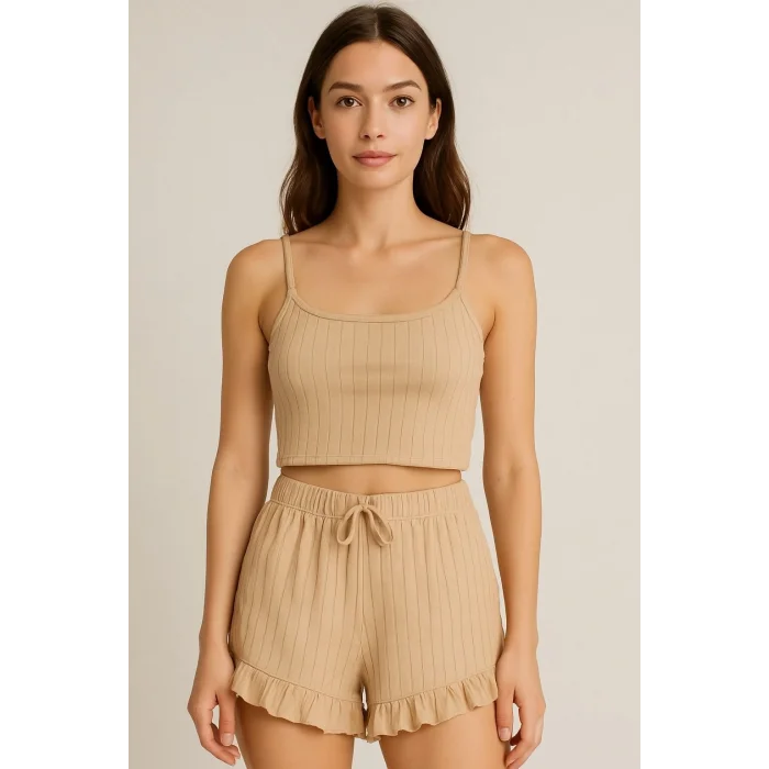 BUĞZ Crop Takım - Askılı Crop Takım Likralı Bej (XL)